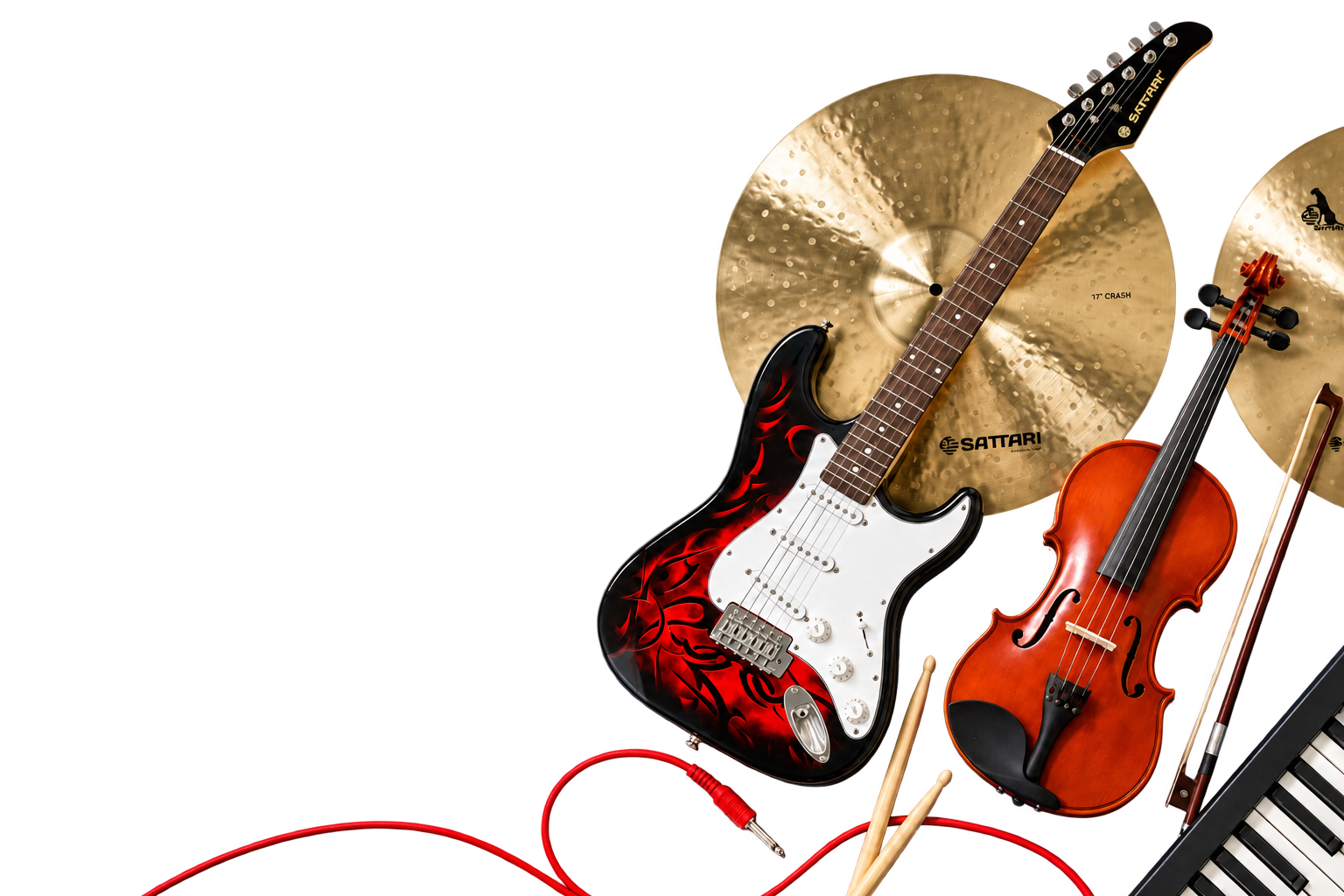 An editorial arrangement of Sattari cymbals, guitar, violin and piano keys